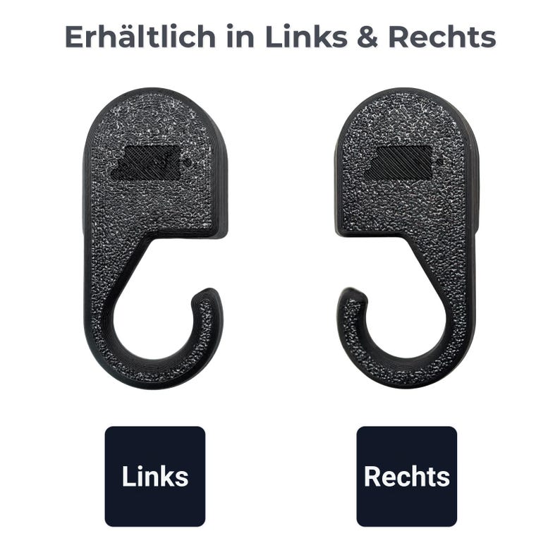 May include: Two black plastic hooks with a textured surface. The hooks are designed with a curved shape and a small rectangular detail at the top. The text "Erh&auml;ltlich in Links & Rechts" is at the top, with "Links" and "Rechts" below the hooks.
