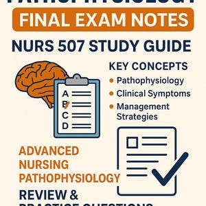 May include: A study guide for advanced nursing pathophysiology, with the text "CNS Pathophysiology Final Exam Notes." The design includes an orange brain illustration, a clipboard with multiple-choice options, and a checklist icon. Key concepts are listed.