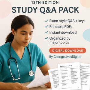 May include: A medical professional wearing a teal scrub top and stethoscope examines study materials. The image includes the text "Maternity & Women's Health Care STUDY Q&A PACK" and "DIGITAL DOWNLOAD".