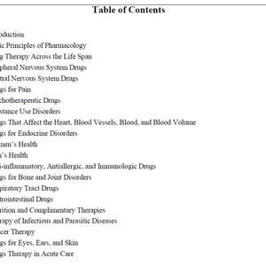 Może przedstawiać: Wydrukowany spis treści z podręcznika, zatytułowany "Table of Contents". Lista zawiera tematy takie jak farmakologia, terapia lekowa oraz zdrowie kobiet i mężczyzn, z numerami stron po prawej stronie.