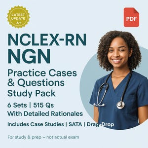 Puede incluir: Un paquete de estudio digital para NCLEX-RN NGN, con casos prácticos, preguntas y justificaciones detalladas. La imagen muestra a una persona sonriente con una blusa azul y un estetoscopio. El texto incluye "Latest Update A+" y "PDF".