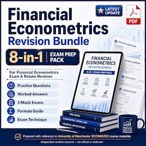 May include: A revision bundle for Financial Econometrics, featuring an 8-in-1 exam prep pack. The image shows a tablet displaying the bundle's title, stacked on books, with practice questions, worked answers, and a mug. The bundle includes practice questions, mock exams, and formula guides.