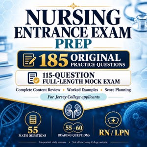 Könnte beinhalten: Ein digitaler Studienführer mit dem Titel NURSING ENTRANCE EXAM PREP, der 185 Original-Übungsfragen, eine 115-Fragen-Probeklausur, 55 Mathe-Fragen und 55-60 Leseverständnis-Fragen für Jersey College-Bewerber enthält, inklusive RN und LPN-Labels.