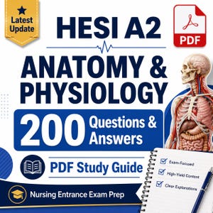 Op de afbeelding: Een digitale studiegids voor het HESI A2 Anatomy & Physiology examen, met de tekst 200 Questions & Answers, een PDF-pictogram, een illustratie van een menselijke romp en een notitieblok met een pen op een blauwe en witte achtergrond.
