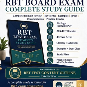 May include: A digital study guide for the RBT Board Exam, with a navy blue and gold design. The cover reads "RBT Board Exam Complete Study Guide" and lists features such as practice checks and study plans. It's a complete study resource for RBT exam preparation.
