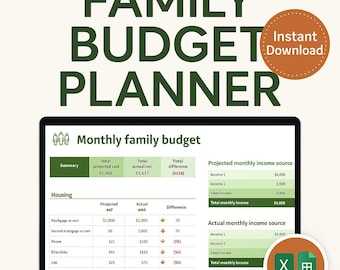 May include: A laptop displaying a "Family Budget Planner" with a green and white spreadsheet. The screen shows a monthly family budget with sections for income and expenses. The words "Instant Download" are in a circular orange graphic.