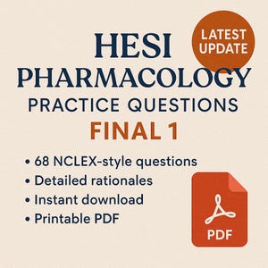 Könnte beinhalten: Ein digitaler Lernleitfaden für Pharmakologie-Übungsfragen. Der Titel "HESI PHARMACOLOGY PRACTICE QUESTIONS FINAL 1" ist in Marineblau und Orange dargestellt. Der Leitfaden enthält 68 Fragen im NCLEX-Stil, detaillierte Begründungen, sofortigen Download und druckbares PDF-Format.