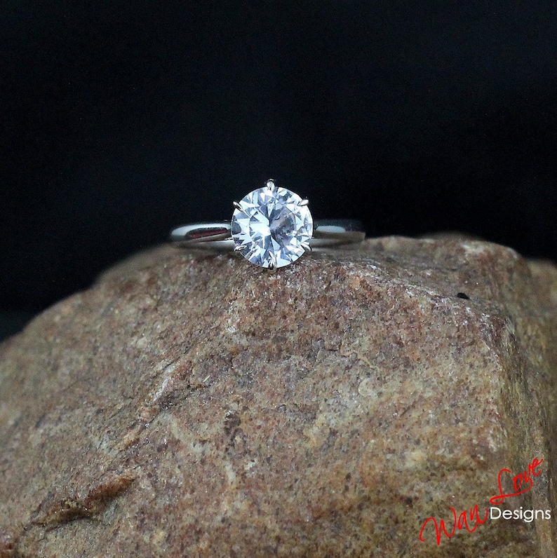 Round 6 Prong White Sapphire Solitaire Engagement Ring Cathedral 2ct-8mm-14k 18k White Yellow Rose Gold-Platinum-Custom-Wedding-Tapered