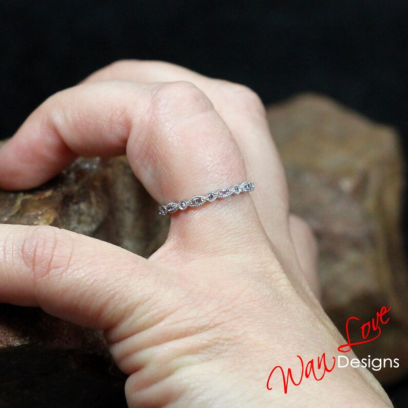 Platinum,Custom,Anniversary Pink Sapphire Milgrain Leaf Circle Bezel FULL Eternity Wedding Band 14k 18k White Yellow Rose Gold Stack Ring