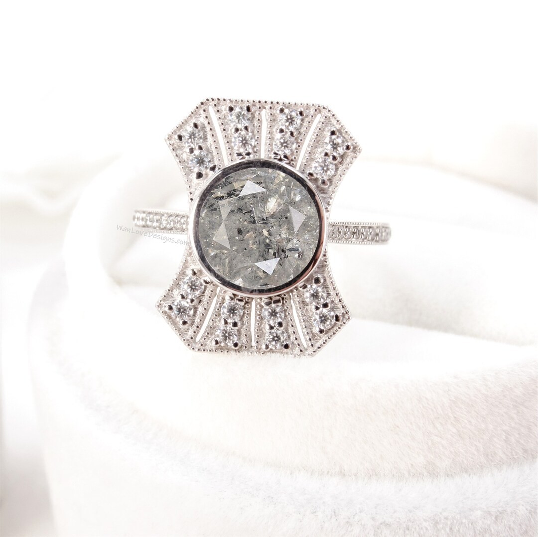 Vintage Salt & Pepper Diamond Engagement Ring, Art Deco Salt and Pepper