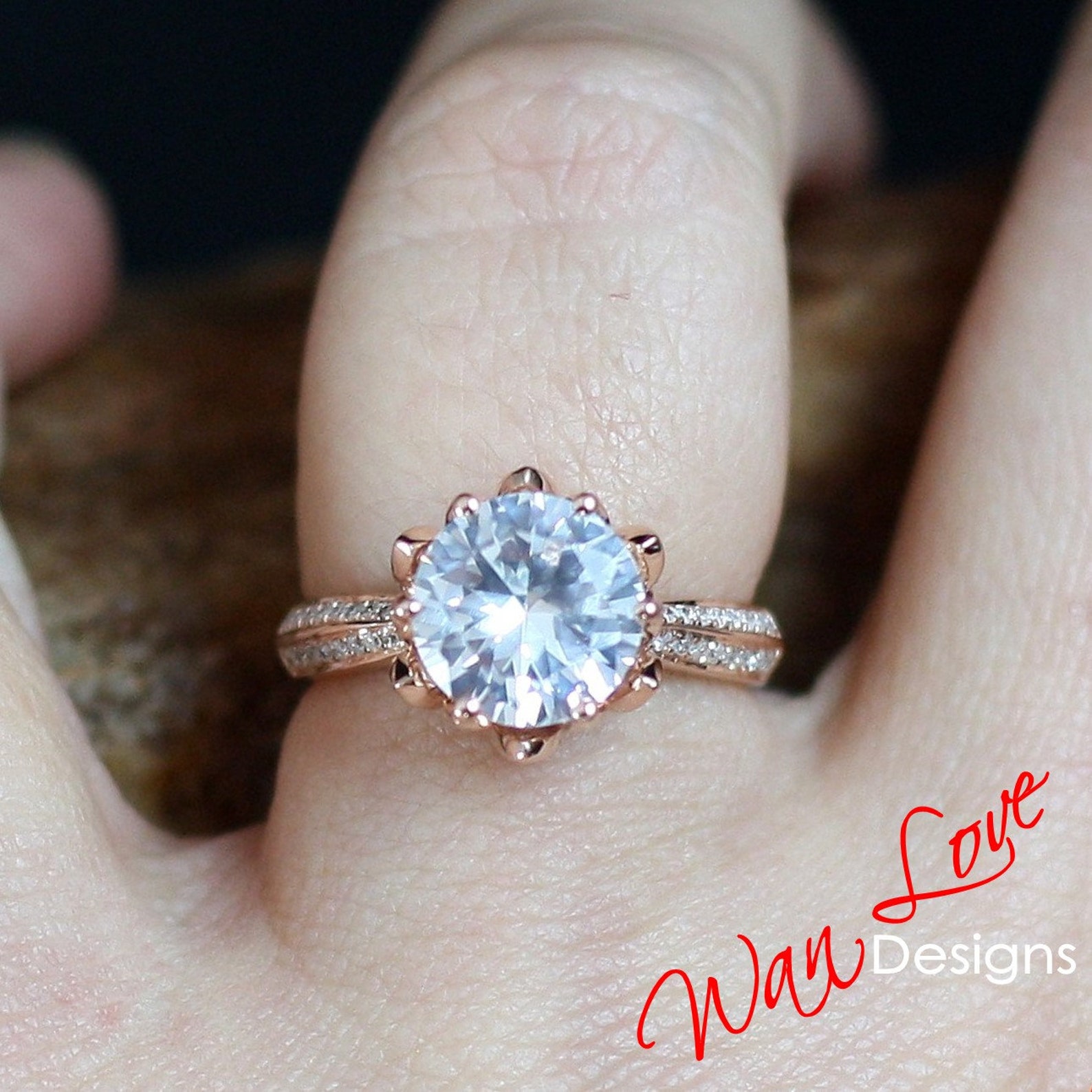 Lotus Flower Diamond & White Sapphire Engagement Ring Etsy