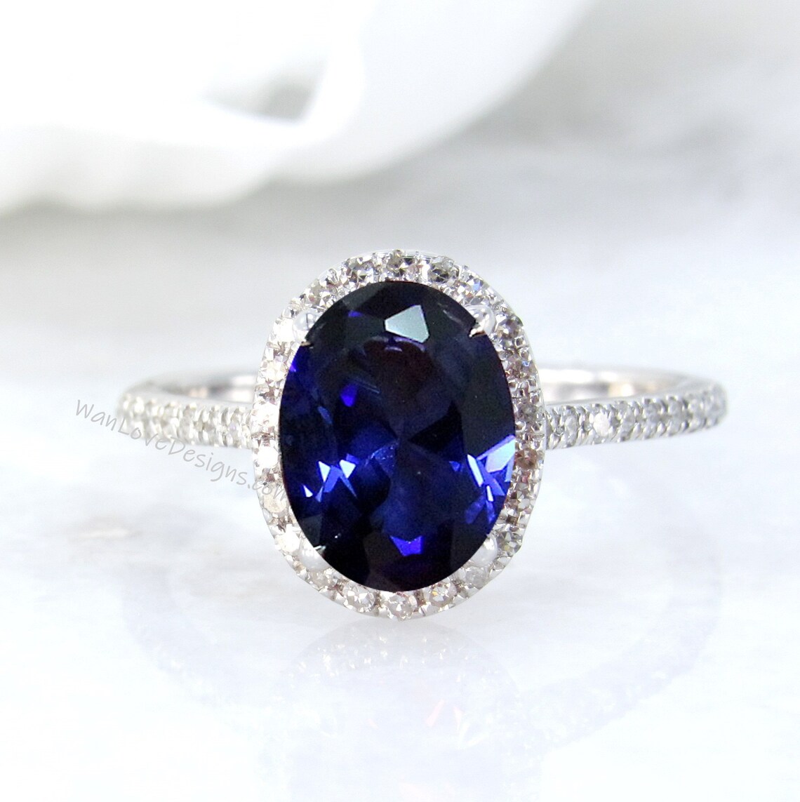 Blue Sapphire & Diamond Oval Halo Engagement Ring 14k 18k | Etsy