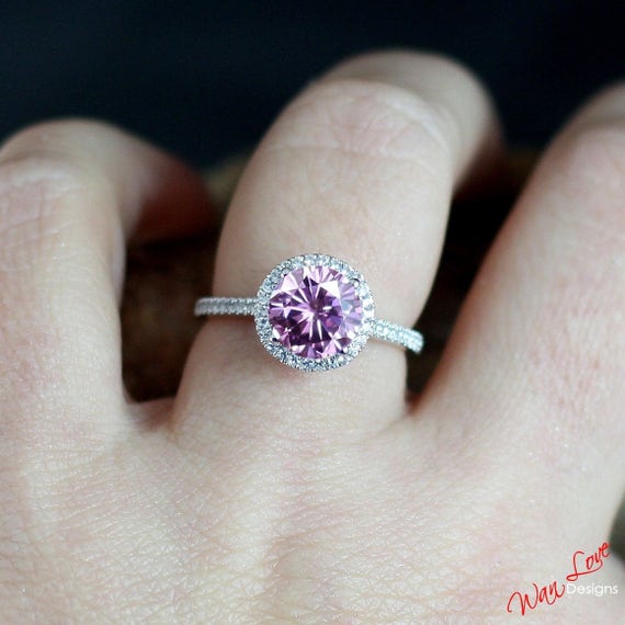 Pink Moissanite & Diamond Round Halo Engagement Ring Cathedral