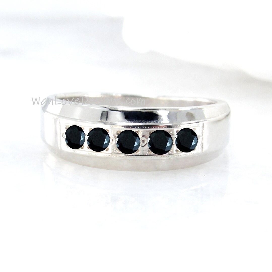 Mens Black Diamond Wedding Ring White Gold Mens Wedding Band Etsy
