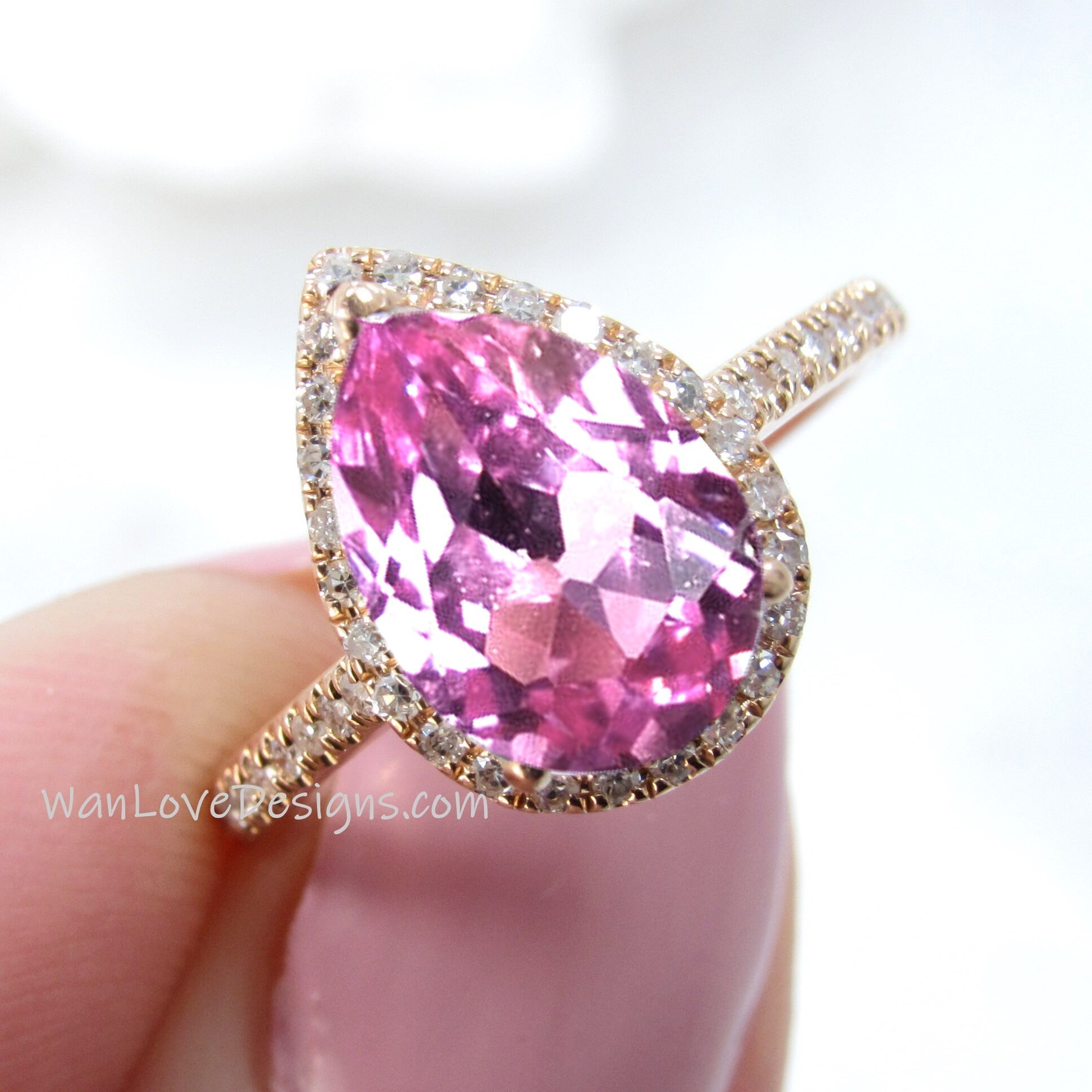 Pink Sapphire Diamond Pear Halo Engagement Ring 14k-18k-White | Etsy