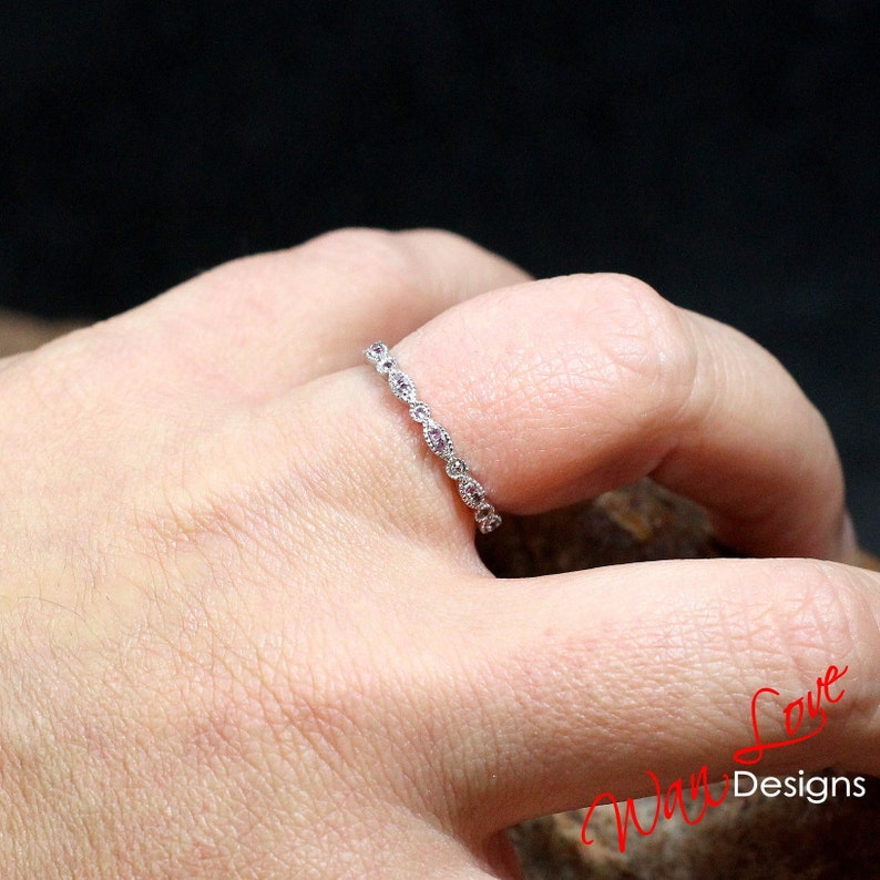 Platinum,Custom,Anniversary Pink Sapphire Milgrain Leaf Circle Bezel FULL Eternity Wedding Band 14k 18k White Yellow Rose Gold Stack Ring