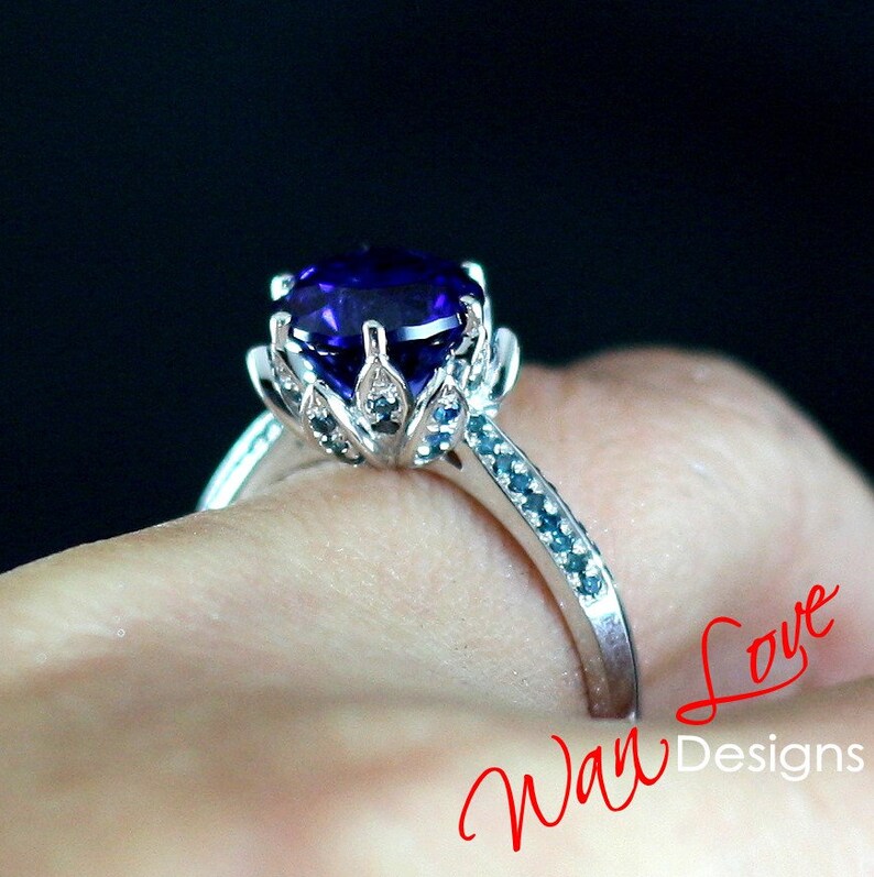 Sapphire & Blue Diamond Lotus Flower Engagement Ring Round Etsy