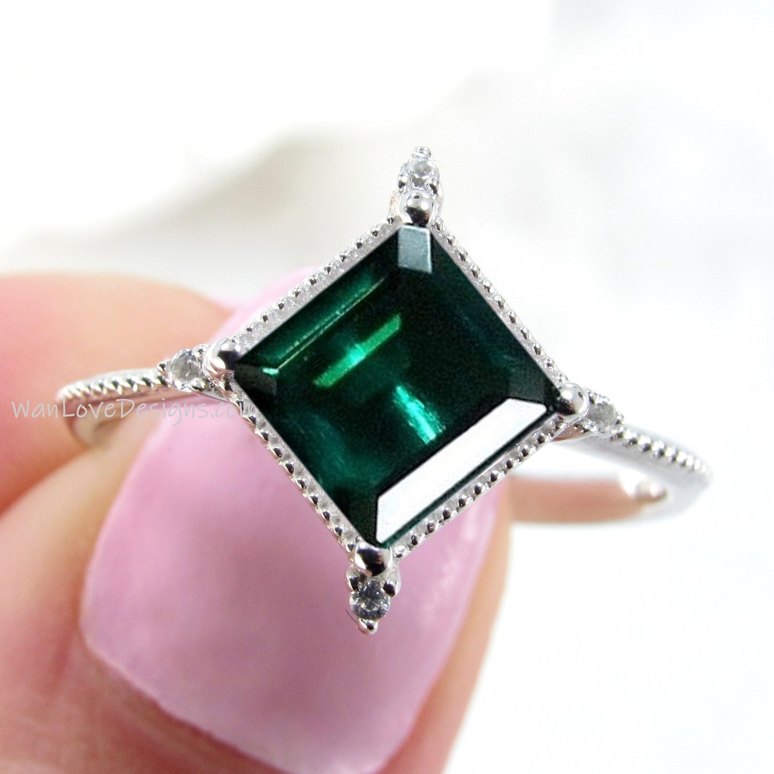 Emerald & Diamond Milgrain Kite NSEW Princess Engagement Ring | Etsy