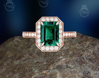 Milgrain Halo Emerald Diamond Engagement Ring/ Half Eternity Green Emerald Rings/ Diamond Halo Wedding Rings/ Statement Ring