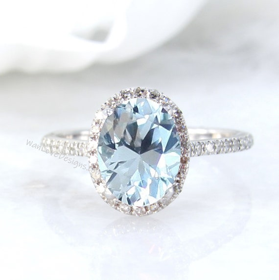 White Sapphire & Diamond Oval Halo Engagement Ring 14k 18k | Etsy