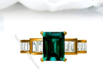 Emerald Art Deco Moissanite Emerald Baguette Engagement Ring 3ct 9x7mm Custom Wedding Anniversary Gift