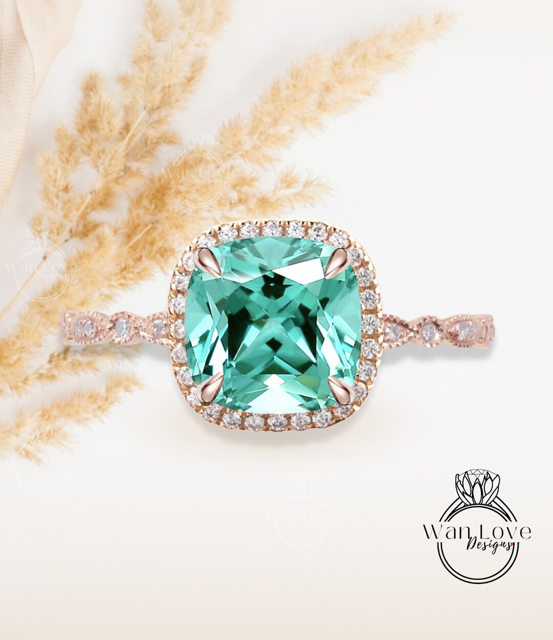 Teal Spinel Engagement Ring Cushion Halo Diamond Spinel Ring Etsy