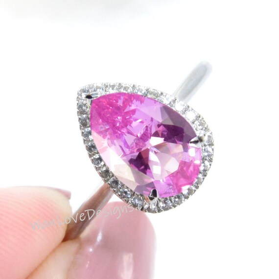 Pink Sapphire Diamond Halo Engagement Ringpearplain Shank | Etsy