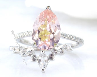 Peach Sapphire & Diamond Pear Engagement Ring Set, Marquise V Chevron Cluster Wedding Band, Custom-14k,18k,White Yellow Rose Gold