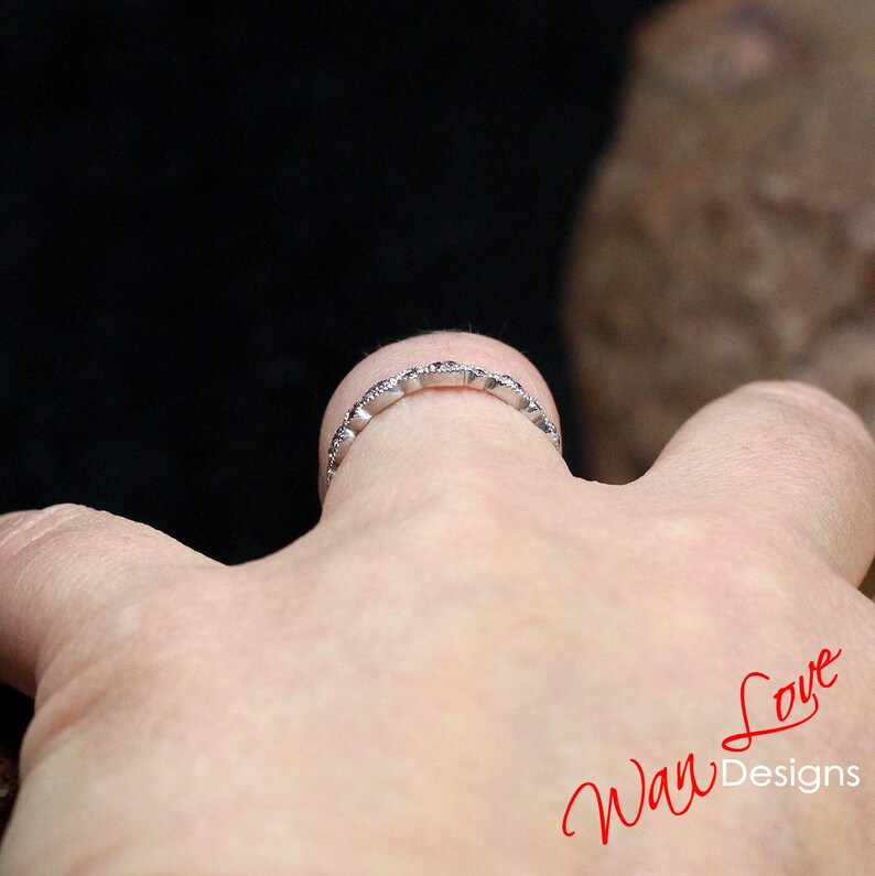 Platinum,Custom,Anniversary Pink Sapphire Milgrain Leaf Circle Bezel FULL Eternity Wedding Band 14k 18k White Yellow Rose Gold Stack Ring