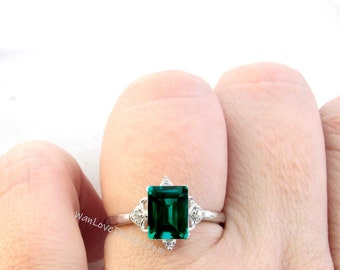 Emerald & Diamonds Dainty Emerald Art Deco Ornate Engagement Ring, 14kt 18kt Gold-Platinum-Wedding-Anniversary Gift, WanLoveDesigns