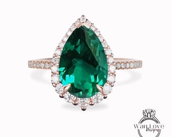 Antique Pear shaped Emerald engagement ring vintage Art deco Unique ring white gold Diamond halo wedding promise ring Anniversary ring