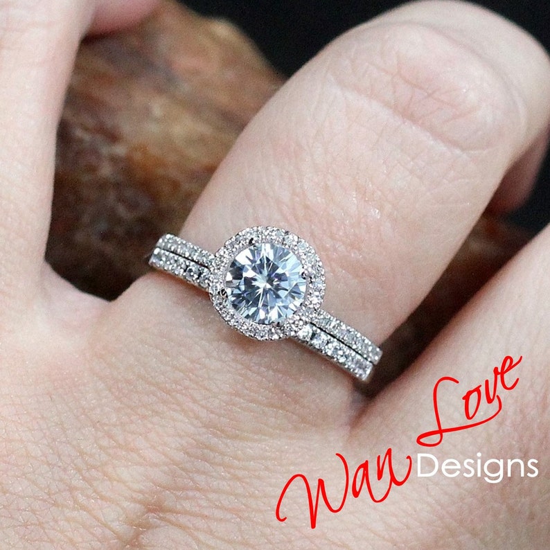 Forever One Moissanite & Diamond Round Halo Engagement Ring | Etsy