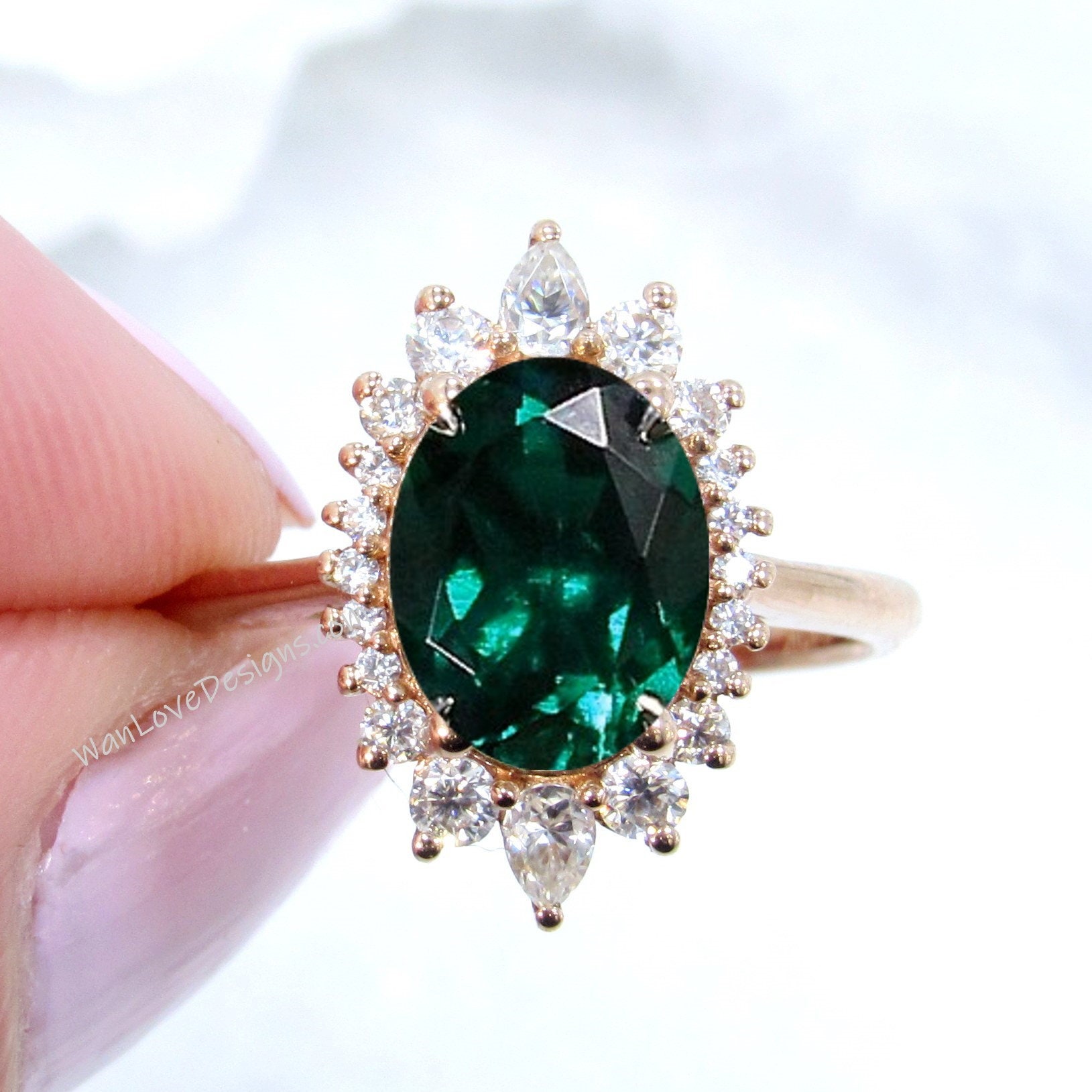 Emerald Diamond Sunburst Oval Round Pear Halo Engagement Ring | Etsy