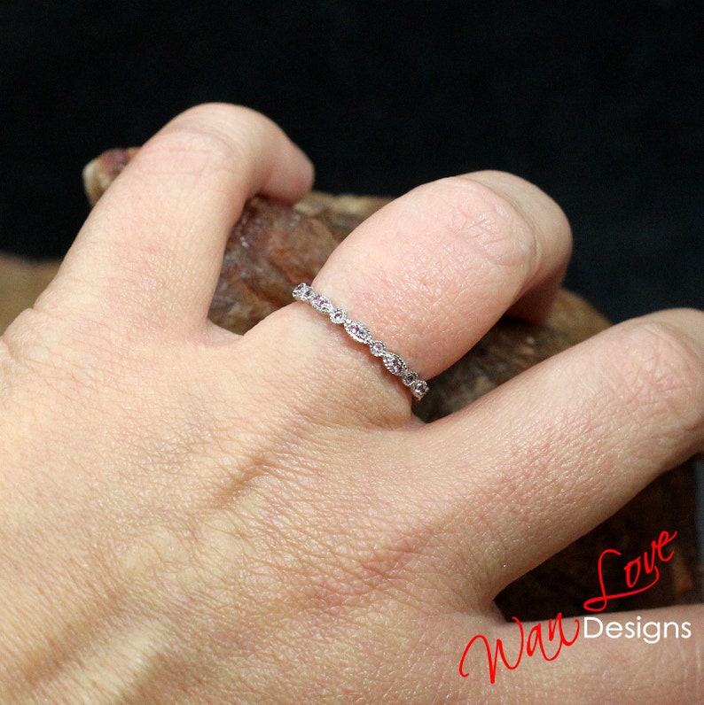 Platinum,Custom,Anniversary Pink Sapphire Milgrain Leaf Circle Bezel FULL Eternity Wedding Band 14k 18k White Yellow Rose Gold Stack Ring