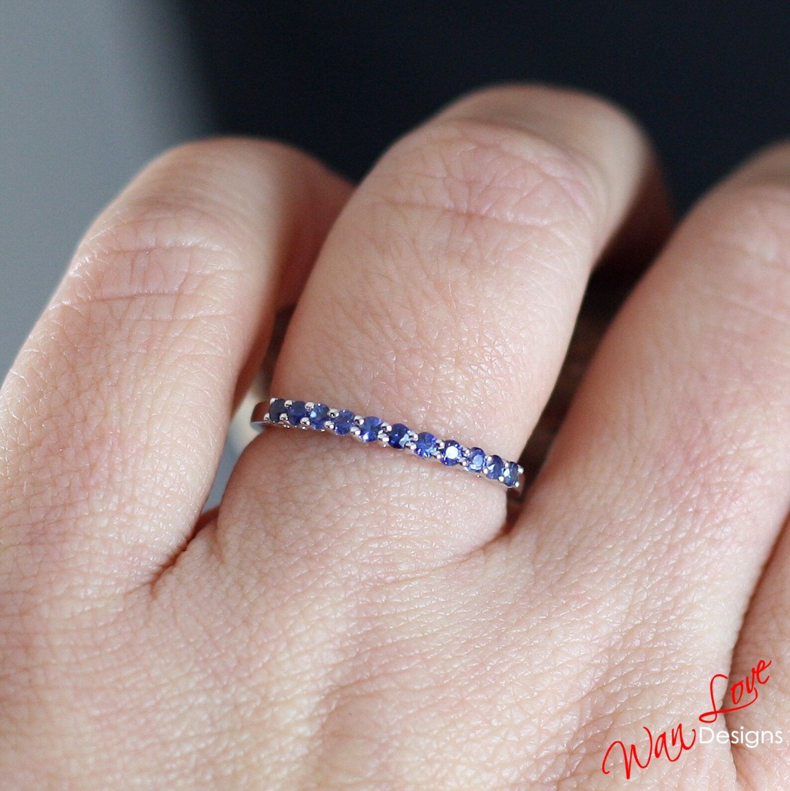 Blue Sapphire Half Eternity Stackable Wedding Band Ring 14k | Etsy
