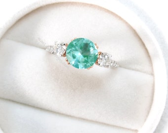 Teal Spinel Diamond Ring, Three Stone Moissanite Ring, Round spinel engagement Ring, Diamond Band Ring