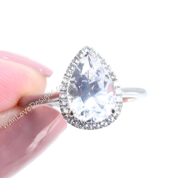White Sapphire & Diamond Pear Halo Plain Band Engagement Ring - Etsy