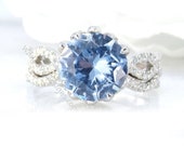 Aquamarine Blue Spinel Diamond Lotus Flower Infinity Twist Engagement Ring Set, Curved Nesting Wedding Band,14kt 18kt gold-Platinum-Custom
