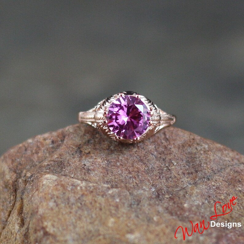 Pink Sapphire Solitaire Filigree Antique style Engagement Ring,Round Ring,2ct,8mm,Silver Rose Gold,Wedding,Anniversary,Ready to ship