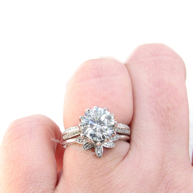 Moissanite Lotus Flower Engagement Ring Sunburst Nesting Leaf Etsy