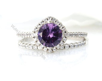 Purple Sapphire Alexandrite Color & Diamond Kite Cushion Halo Round Engagement Ring Set, Half Eternity Wedding Band, 14k 18k Gold