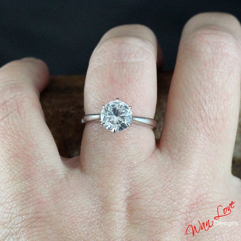 Round 6 Prong White Sapphire Solitaire Engagement Ring Cathedral 2ct-8mm-14k 18k White Yellow Rose Gold-Platinum-Custom-Wedding-Tapered