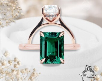 Emerald Engagement Ring Rose gold Emerald cut engagement ring tapered plain band diamond side halo wedding Bridal ring promise Anniversary