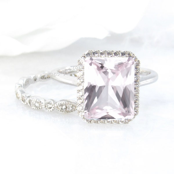 Light Pink Sapphire & Diamond Emerald Halo Engagement Ring set, Milgrain Leaf Full Eternity Wedding Band, Custom,14kt 18kt Gold