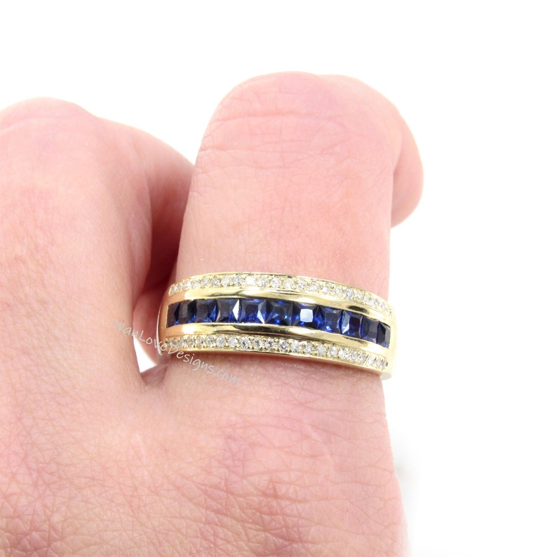 Blue Sapphire & Diamond Wedding Bandengagement Ringmens14k Etsy