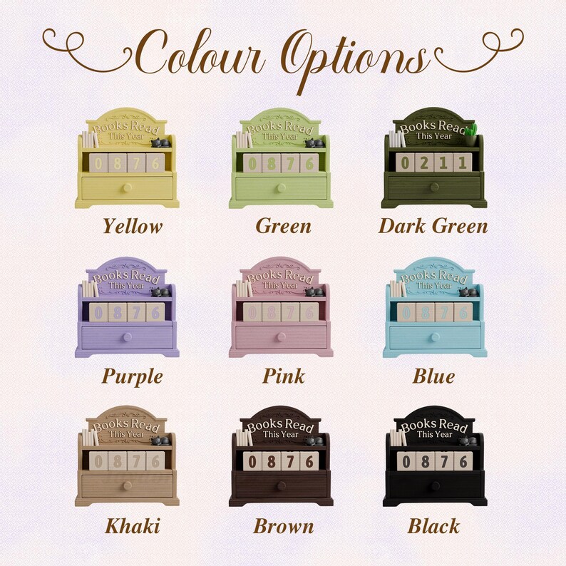 Puede incluir: Una colecci&oacute;n de nueve contadores de libros de madera con forma de estanter&iacute;a, en varios colores: amarillo, verde, verde oscuro, morado, rosa, azul, caqui, marr&oacute;n y negro. Cada contador muestra el texto "Books Read This Year" y una pantalla num&eacute;rica.