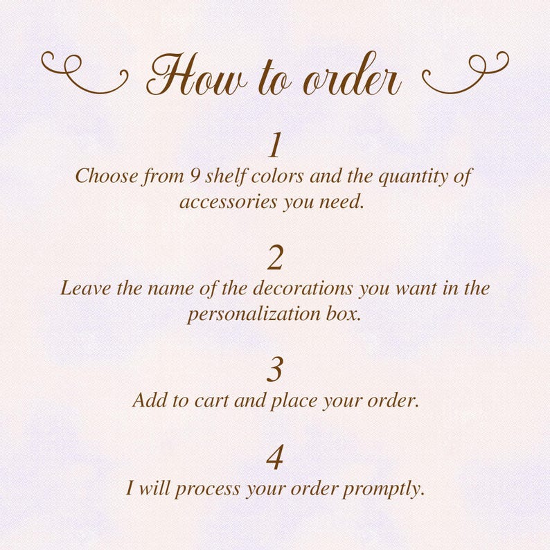 Puede incluir: Gr&aacute;fico con el texto "C&oacute;mo ordenar" y pasos numerados. Las instrucciones incluyen elegir los colores de los estantes, proporcionar los nombres de las decoraciones, agregar al carrito y procesar el pedido. El fondo es un degradado suave de morado y blanco.