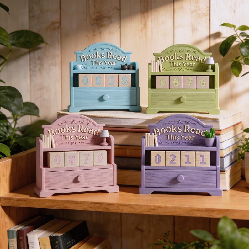 Puede incluir: Cuatro organizadores de madera en colores pastel con tem&aacute;tica de libros. Cada uno tiene un caj&oacute;n y una estanter&iacute;a con el texto "Books Read This Year". Las estanter&iacute;as contienen bloques de madera con n&uacute;meros. Los organizadores son azules, verdes, rosas y morados.