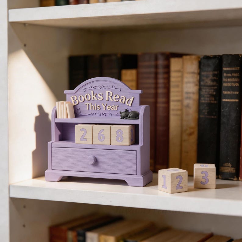 Puede incluir: Un organizador de escritorio de madera lila con forma de estanter&iacute;a, con la inscripci&oacute;n "Books Read This Year". Tiene un caj&oacute;n, una peque&ntilde;a estanter&iacute;a con bloques de madera y una figura de gato en miniatura. Tambi&eacute;n hay bloques de madera numerados adicionales.
