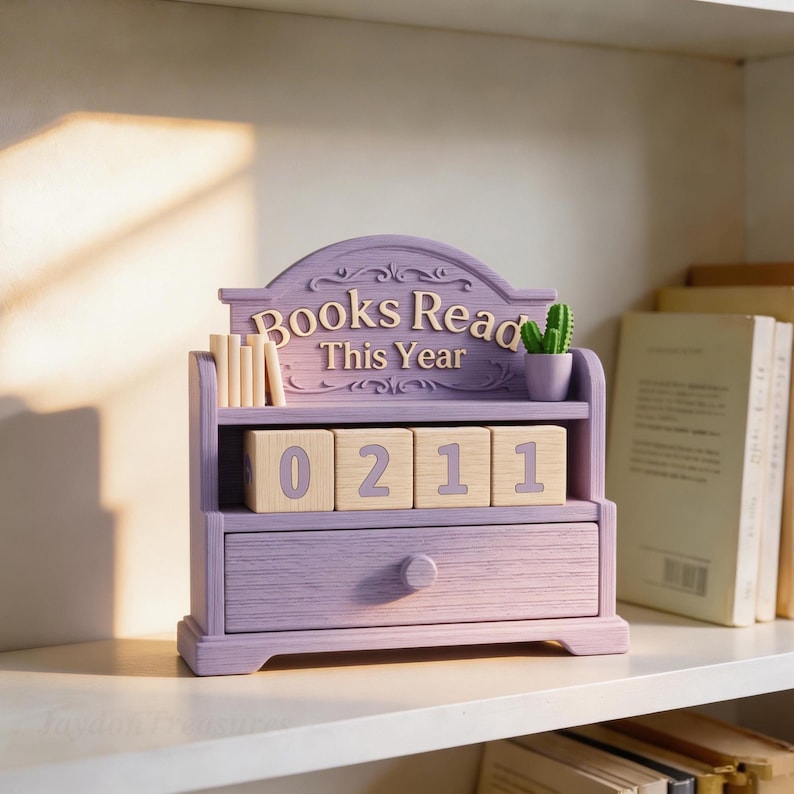 Puede incluir: Un calendario de madera lila con forma de estanter&iacute;a, con la inscripci&oacute;n "Books Read This Year". El calendario muestra los n&uacute;meros "0211" en bloques de madera. Tambi&eacute;n tiene un peque&ntilde;o caj&oacute;n y un cactus en miniatura en una maceta.